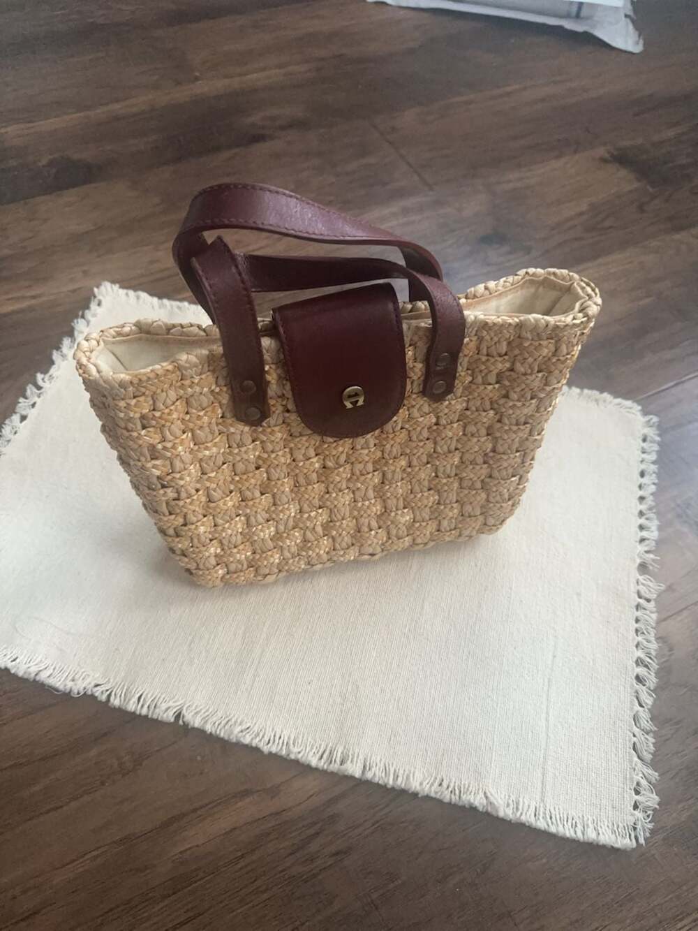 Aigner Woven Straw and Leather Mini Tote Bag